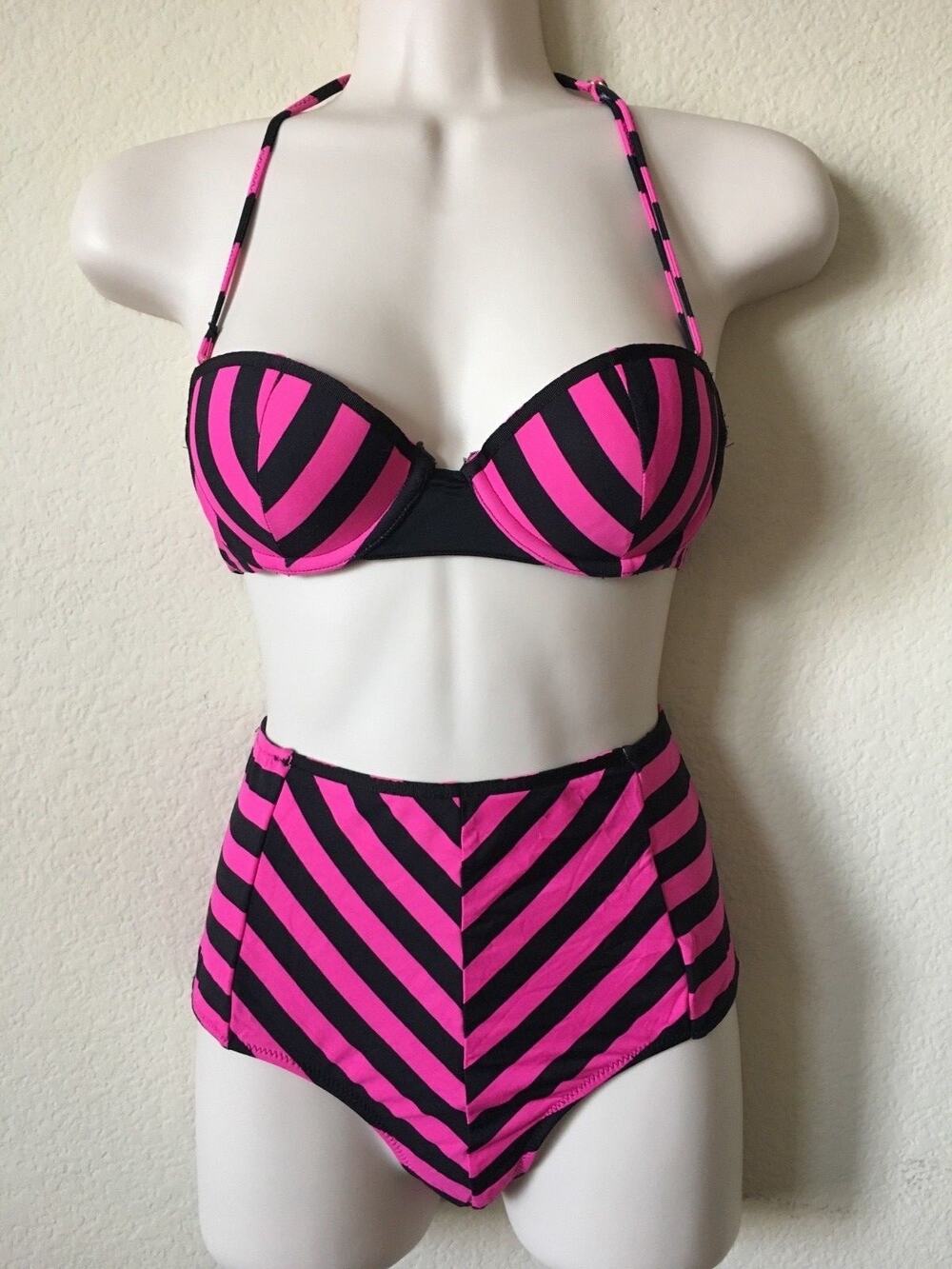 Topshop Black Pink Striped Halter Strapless Women's High Waist Bikini Set Size 4